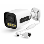 White security camera with a black front panel, four LED lights, and a wall-mounted bracket.