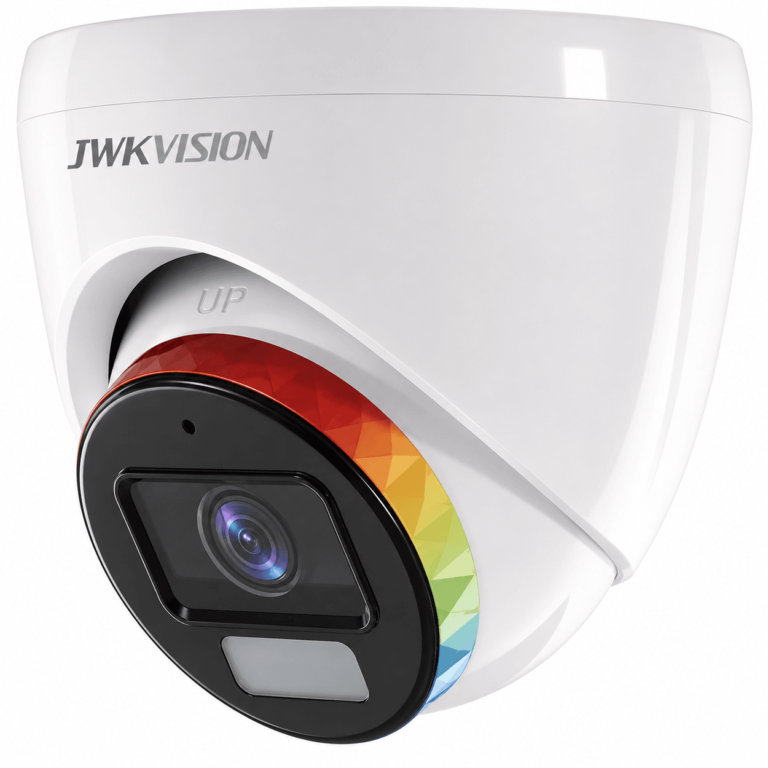 White JWVISION security camera dome with colorful circular lens trim around the housing band around the lens