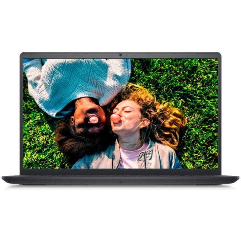 Laptop screen showing a photo of two friends lying on green grass, noses touching and smiling. Context: outdoor, playful moment shared between friends/couple.