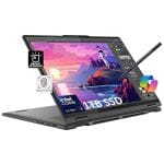 2-in-1 laptop in tent mode with a stylus, showing a colorful landscape; highlights include 1TB SSD and backlit keyboard, plus a fingerprint reader.