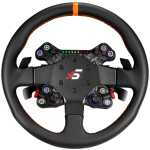 Racing simulation wheel with black grip, steering hub, and colorful control knobs on a textured base.
