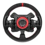 Racing-style steering wheel with a black leather grip, red center hub, and exposed mounting hardware.