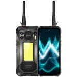 Rugged black smartphone with reinforced body and dual antennas; front shows a large display, back has a bright LED panel and speaker area.