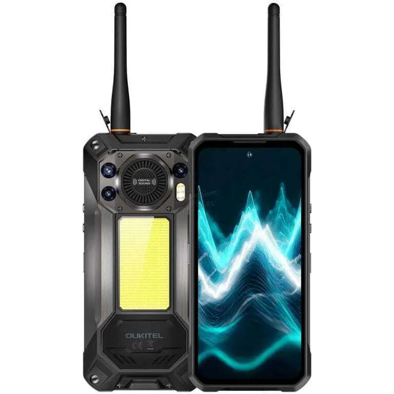 Rugged black smartphone with reinforced body and dual antennas; front shows a large display, back has a bright LED panel and speaker area.