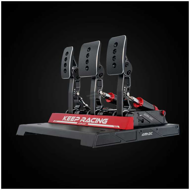 Racing simulator pedal set with three pedals on a dark base, carbon-fiber pads, red accents, and a red 'KEEP RACING' branding bar