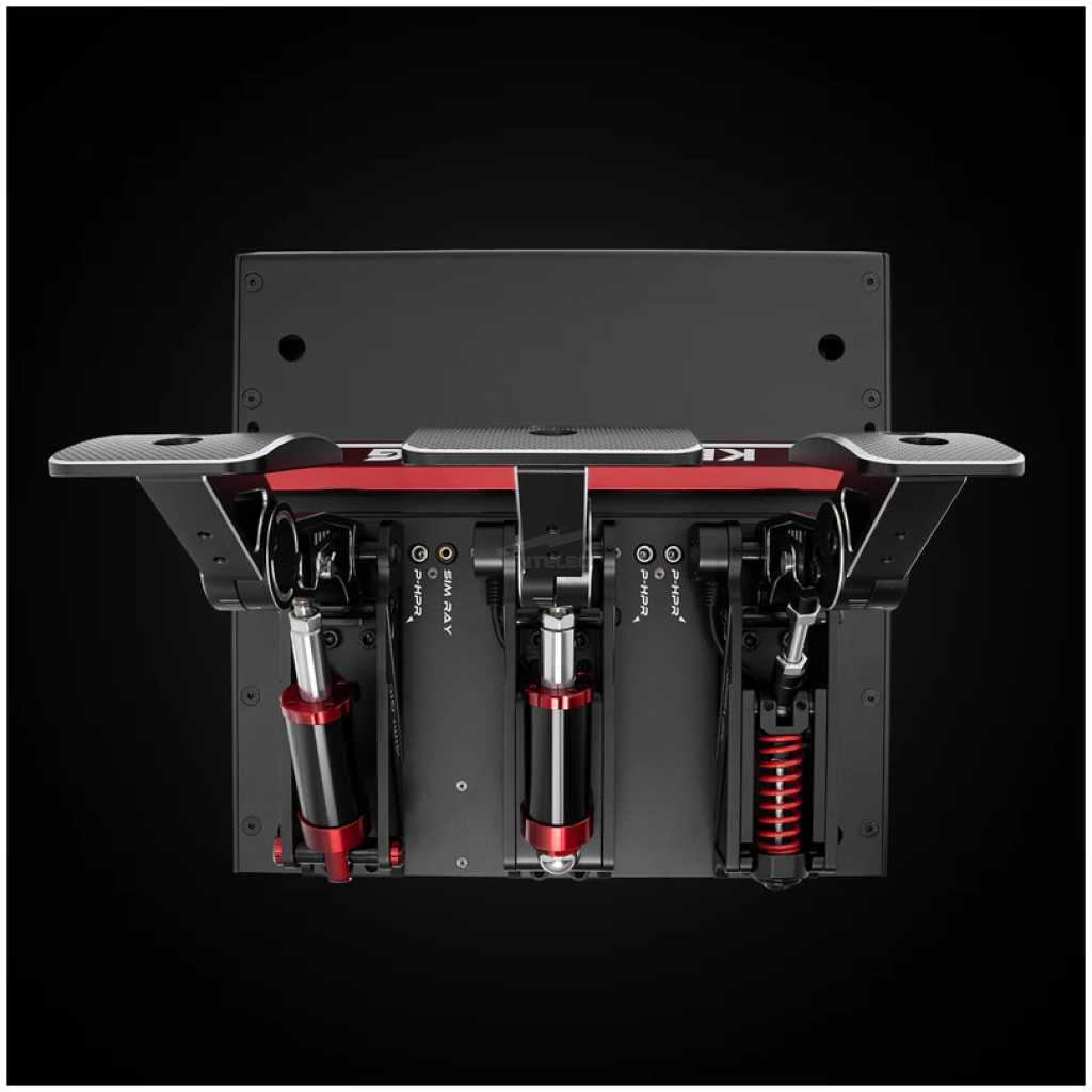 Three-metal racing simulator pedals with red anodized supports and visible dampers, shown from below on a black background (pedal box view)
