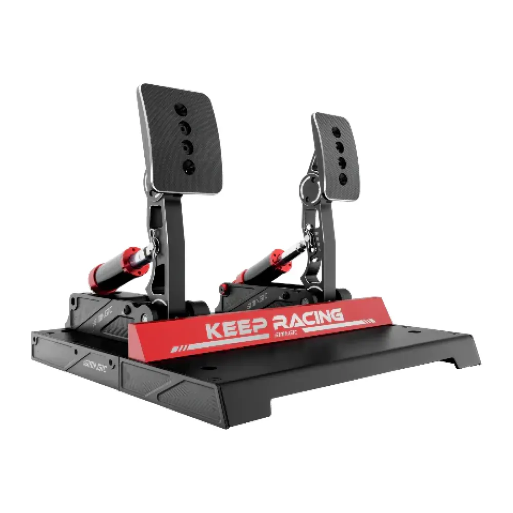 Dual racing pedals on a black platform with red 'KEEP RACING' banner at the front of the unit.
