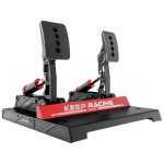 Dual racing pedals on a black platform with red 'KEEP RACING' banner at the front of the unit.