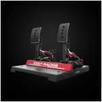Dual-pedal sim racing setup with black textured pedals, red adjustment knobs, on a sturdy base and a red KEEP RACING label in front.