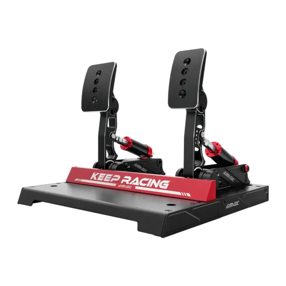 Dual pedal set for sim racing mounted on a black platform with red KEEP RACING bar and silver accents