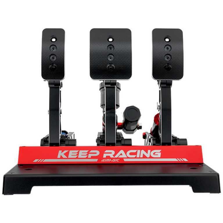 Three black pedal plates mounted on a red base that says 'KEEP RACING' for a sim racing setup.