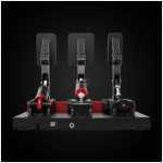 Three black pedal assemblies mounted on a red-accented base, part of a racing simulator pedal set on a dark background.