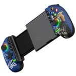 Modular blue game controller with a detachable center grip and RGB-lit analog sticks, shown in a split configuration.