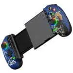 Modular blue game controller with a detachable center grip and RGB-lit analog sticks, shown in a split configuration.