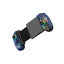 Modular blue game controller with a detachable center grip and RGB-lit analog sticks, shown in a split configuration.
