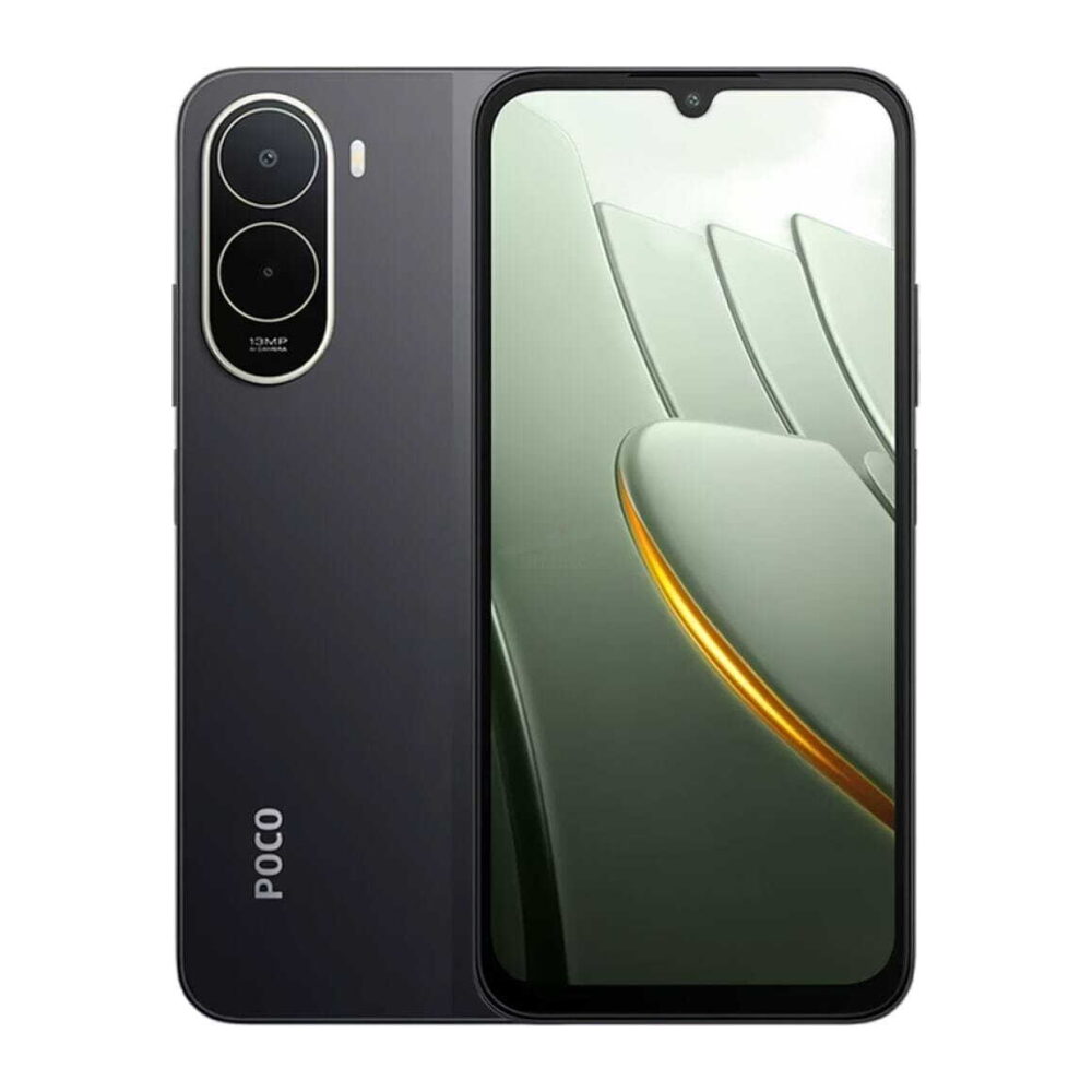 Back and front view of a dark gray POCO smartphone showing a dual-camera module on the back and a large edge-to-edge display with a small notch at the top.
