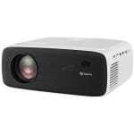 Compact white multimedia projector with a large front lens and black faceplate, Steren branding on the front panel.