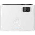 White portable projector with a black focus knob on the top-right and a circular control pad on the front.