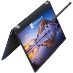 2-in-1 touchscreen tablet with Windows 11 home screen and a stylus pen attached diagonally above the screen