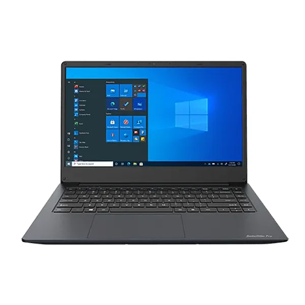 Open dark gray laptop displaying Windows 10 desktop with Start menu and taskbar.