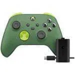 Green Xbox wireless controller with lime accents, shown with a black Xbox charging dock and power cable.