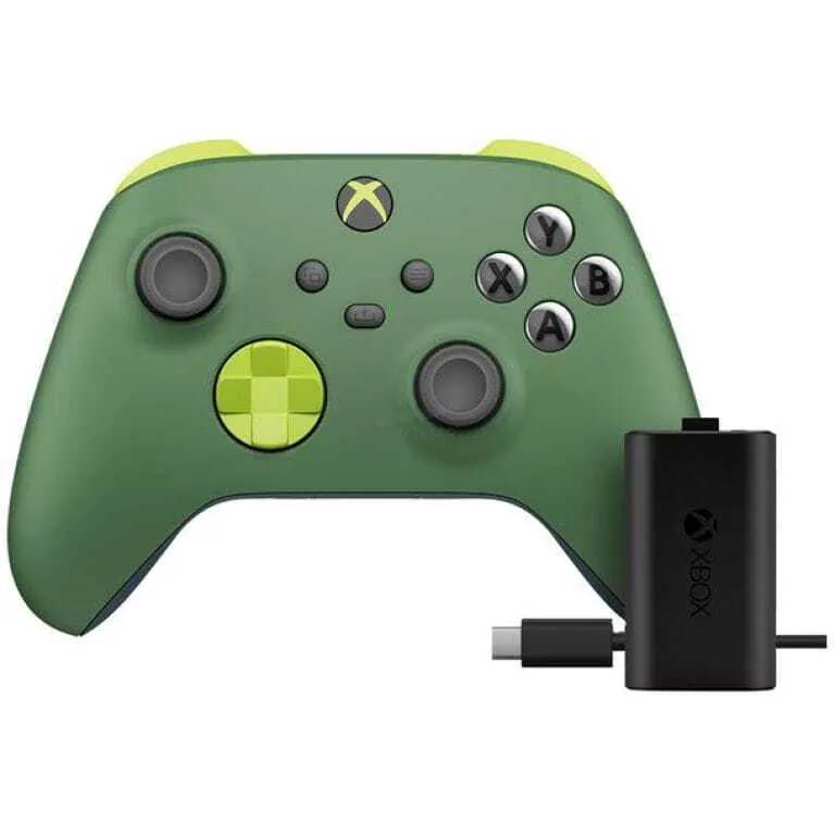 Green Xbox wireless controller with lime accents, shown with a black Xbox charging dock and power cable.