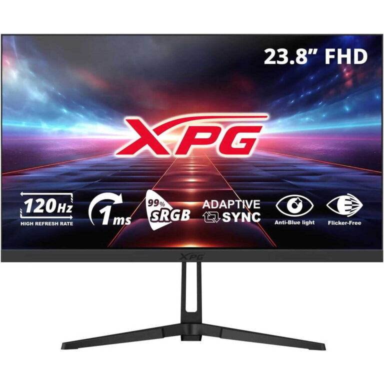 Monitor display advertising a 23.8" FHD screen with XPG logo and listed features: 120Hz, 1ms, 99% sRGB, Adaptive Sync, anti-blue light, flicker-free.