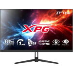 27-inch XPG monitor shown in a promotional image with 165 Hz, 1 ms, 99% sRGB, Adaptive Sync, Anti-Blue light, Flicker-Free icons and bold XPG logo in red on a space-like background.
