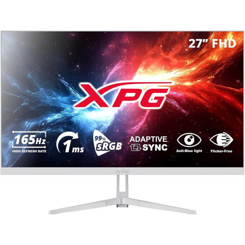 27-inch XPG gaming monitor with 165 Hz refresh rate and 1 ms response time (FHD) image highlights features like 99% sRGB, adaptive sync, anti-blue light, and flicker-free usability