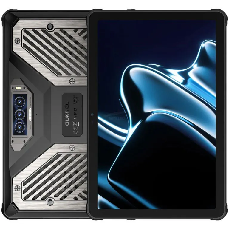 Rugged tablet with a metal back, triple camera module, and thick protective frame; blue abstract wallpaper on the screen.