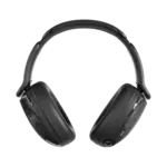 Black over-ear wireless headphones with cushioned ear cups, seen from a top-right perspective on a white background (product shot).