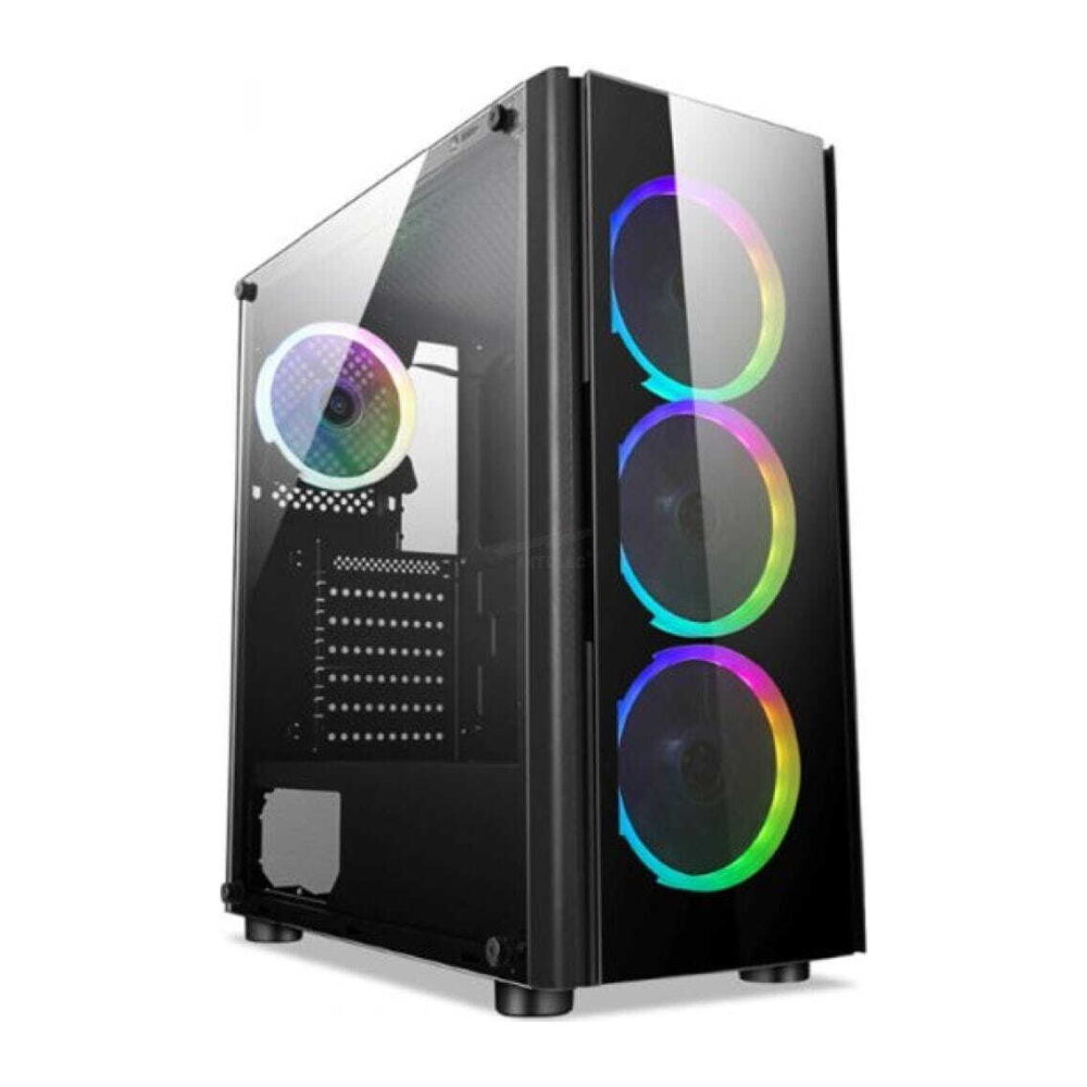 Mid-tower gaming PC with a glass side panel and three front RGB-lit cooling fans, showing internal components through the panel.