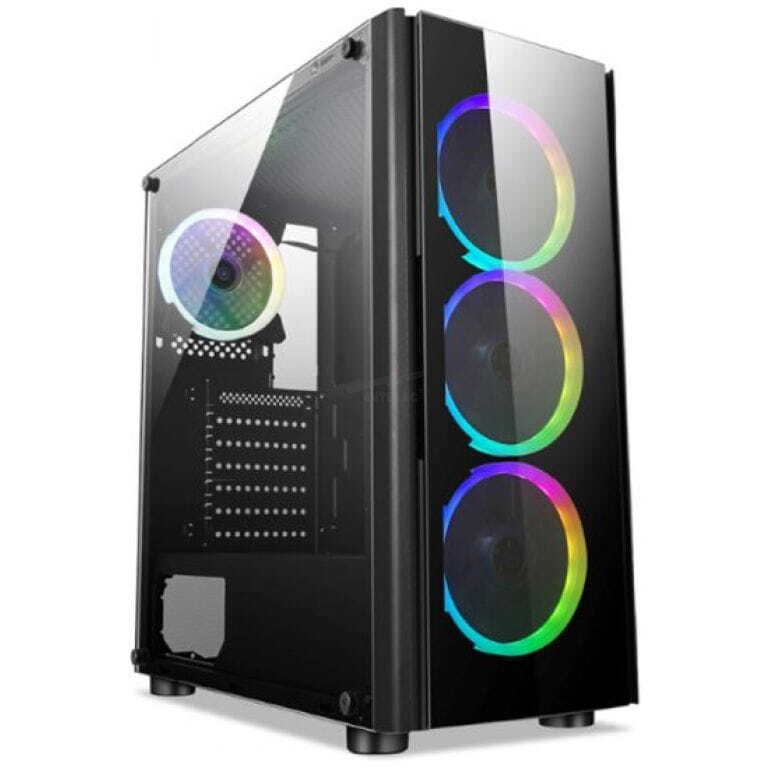 Mid-tower gaming PC with a glass side panel and three front RGB-lit cooling fans, showing internal components through the panel.