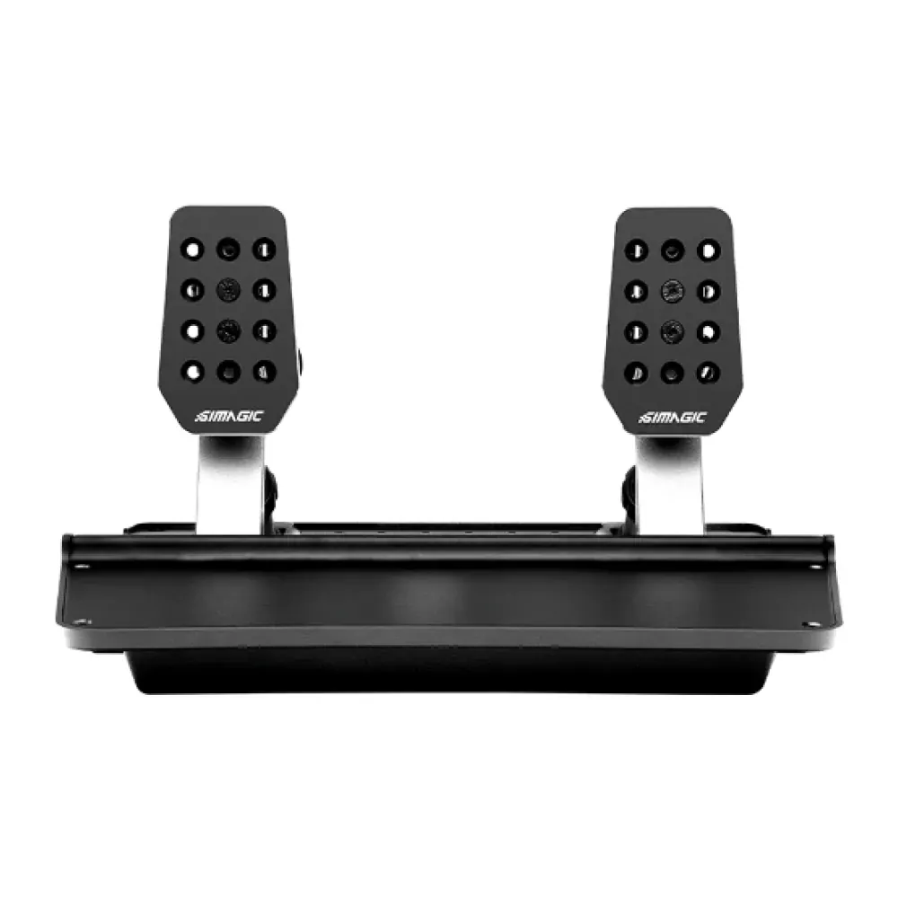 Dual SIMAGIC foot pedal controller with 12-button pads for flight sim or streaming, mounted on a black base.