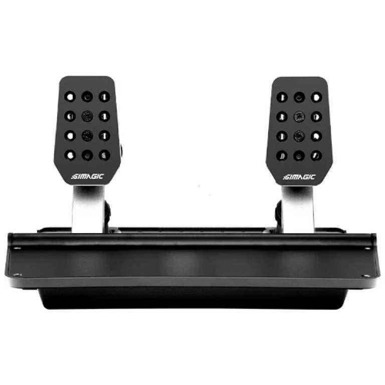 Dual SIMAGIC foot pedal controller with 12-button pads for flight sim or streaming, mounted on a black base.
