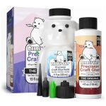Bearly Art Precision Craft Glue kit with a white bear logo bottle, assorted tips, and a purple box in the background.