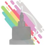 Close-up of a spray bottle nozzle with a clear tube against a colorful abstract striped background.