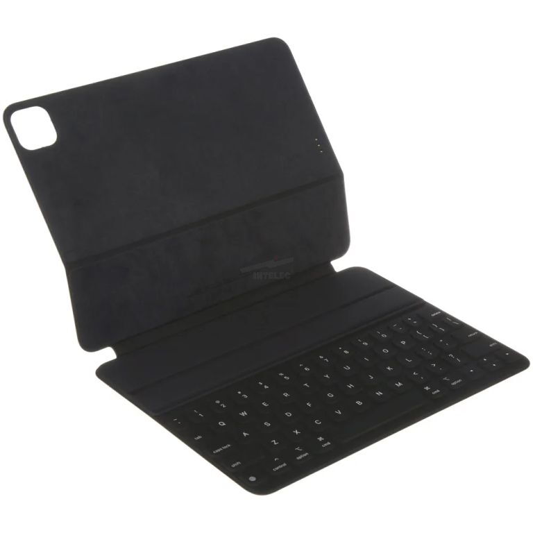 Black folio-style tablet case with a built-in keyboard, open and ready for typing.