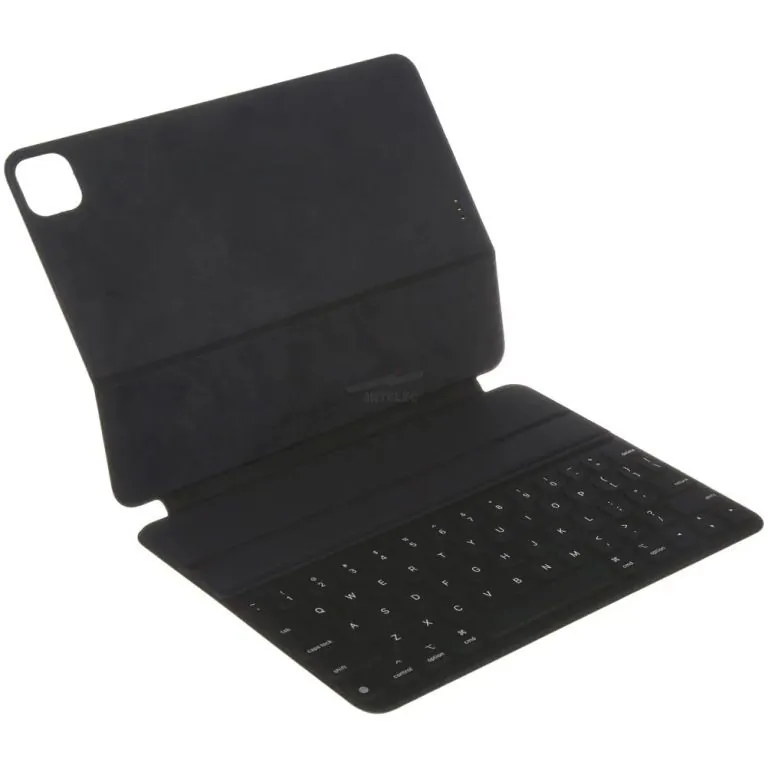 Black folio-style tablet case with a built-in keyboard, open and ready for typing.