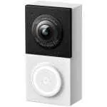 White and black video doorbell with camera on top and circular illuminated button below at the base.