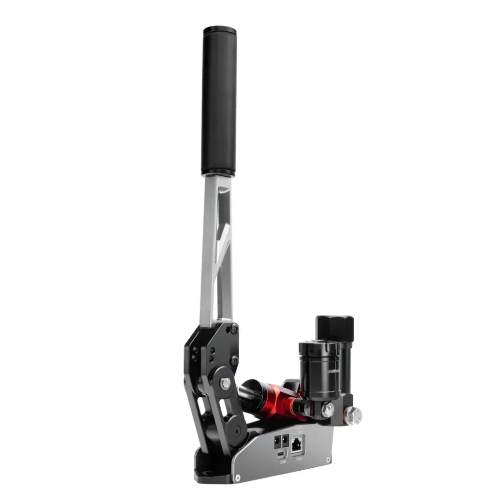 Industrial fitness machine with a tall padded grip over a silver adjustable arm, mounted on a base with control ports visible at the bottom.