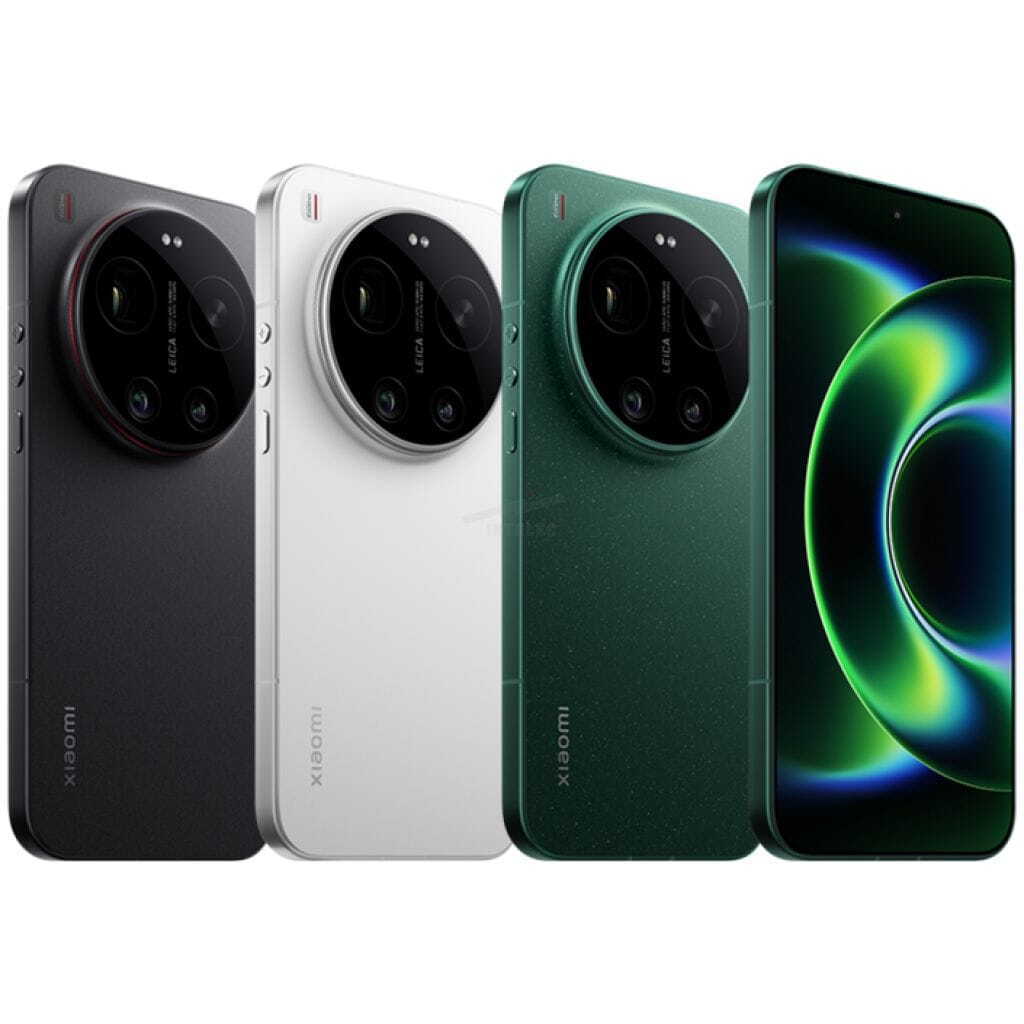 Four smartphones lined up in black, white, green speckled, and the front display shows a vibrant wallpaper (rear cameras visible).