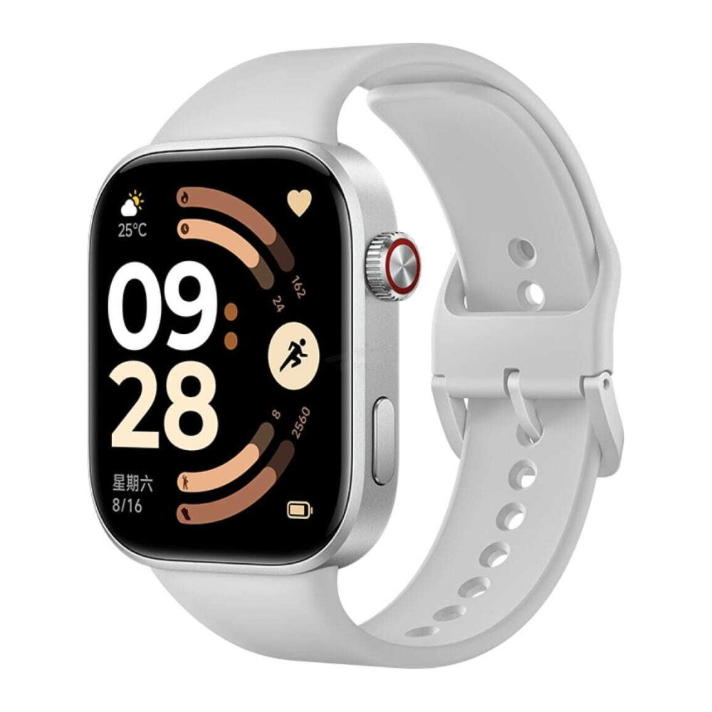 White-band smartwatch with silver case and black display showing time, activity rings, and icons in a product photo