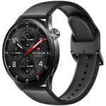 Round-faced smartwatch with a dark, multi-dial display and a gray/black strap.