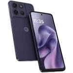 Purple Motorola smartphone shown at an angle, front display on with time 11:35 and curved edges, rear triple-camera array visible with logo on textured back