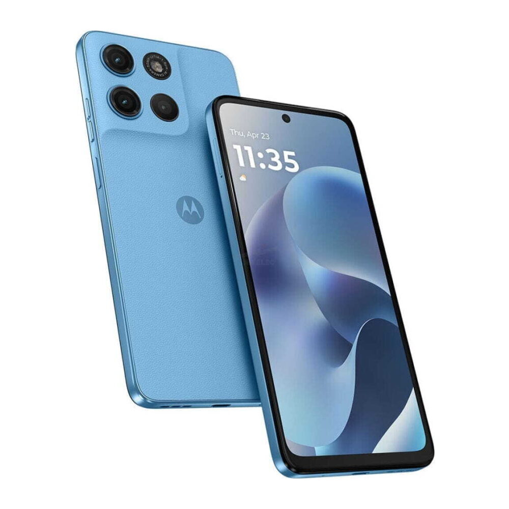 Blue Motorola smartphone shown from back and front at an angle, featuring a triple-camera rear setup and edge-to-edge display.