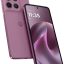 Purple Motorola smartphone shown from back and front, highlighting the triple-camera system and edge-to-edge display with time on screen