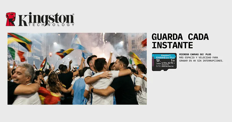 Kingston Technology banner: joyful crowd embracing and waving flags, with the slogan 'GUARDA CADA INSTANTE' beside a Kingston microSD card image.