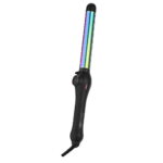 Curling iron with a black handle and an iridescent rainbow barrel, featuring a temperature dial on the side and a power cord at the base.