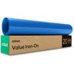 Blue roll of heat-transfer vinyl resting on a Cricut Value Iron-On 20 ft box.